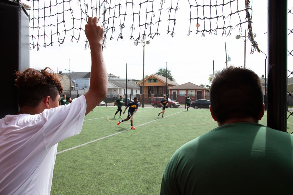 Cohen students watch as the school’s boys team squared off against KIPP Renaissance in late September. Neither school has an officially sanctioned team, so they play six-on-six matches in a club league every Saturday.