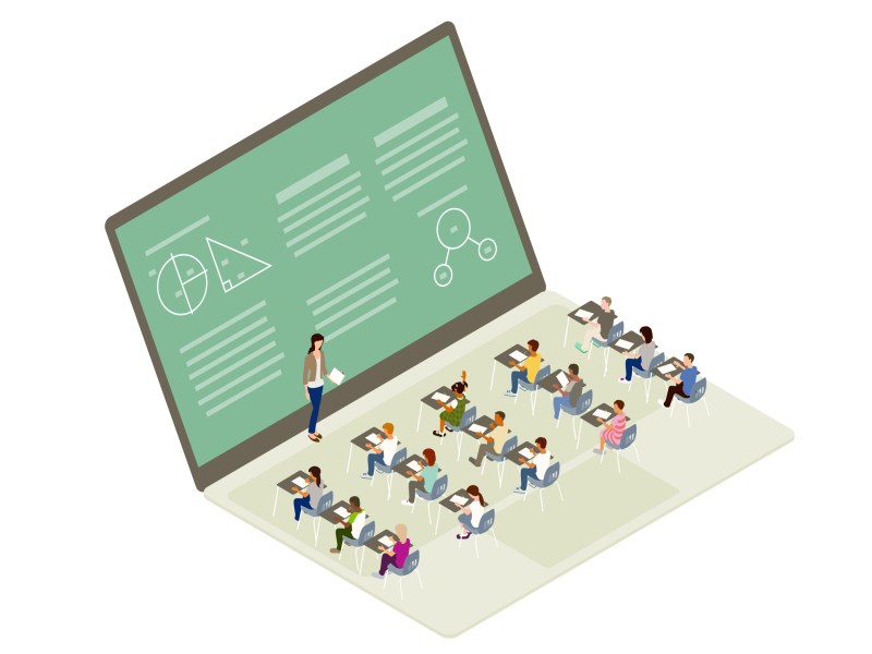 A virtual elementary classroom is represented on an oversized laptop, where children's desks comprise the keyboard, and a teacher and screen communicate knowledge. Illustration communicates technology in the classroom and remote learning.