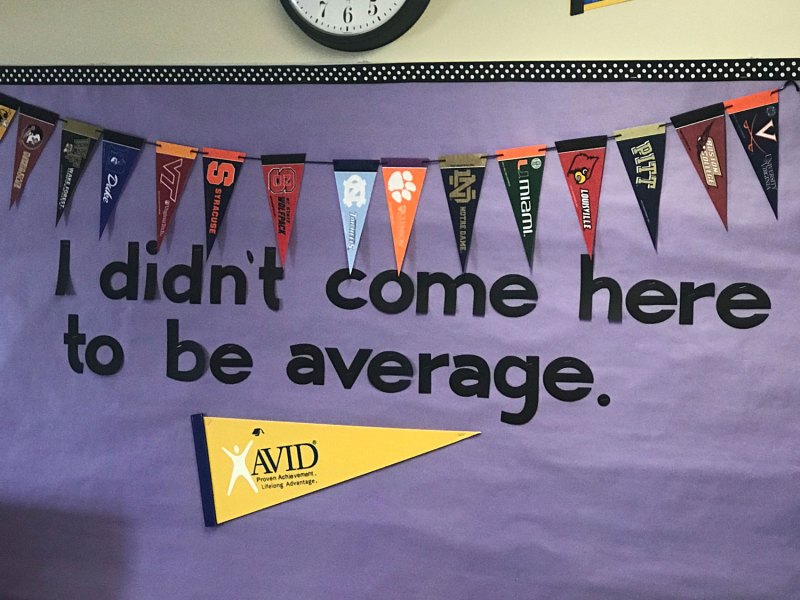 A sign inside an AVID elective classroom tries to motivate students.